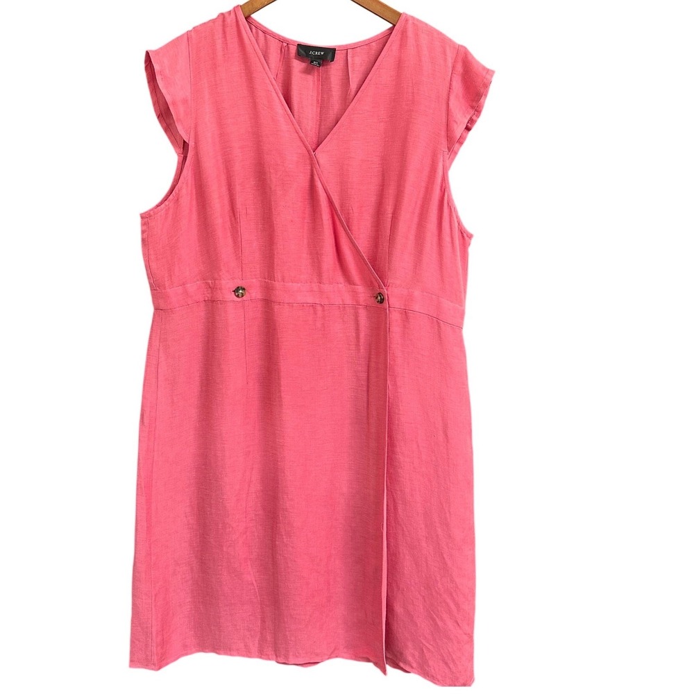 J.Crew Pink Linen Cupro Faux Wrap‎ Flutter Sleeve Dress Size 20 Spring Preppy - Picture 2 of 8